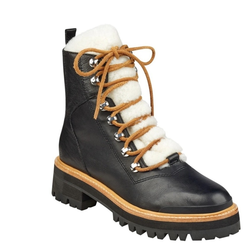 Marc Fisher Izzie Black Leather Shearling Lined Lace Up‎ Combat Boots Size 8M